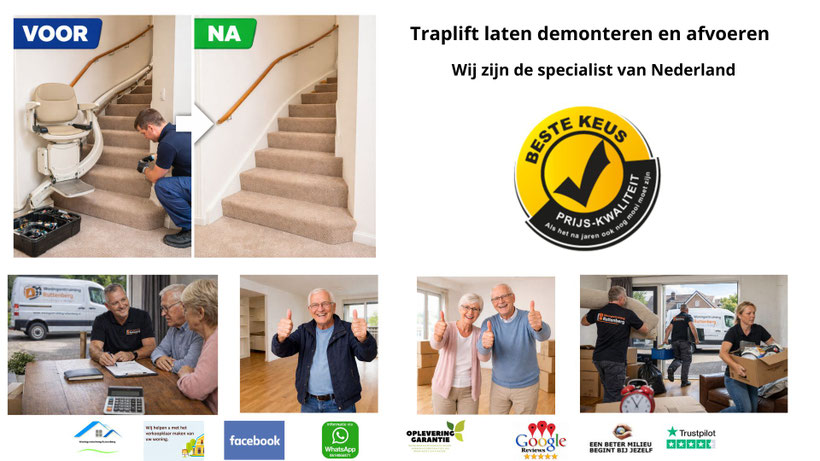 Voor en na traplift verwijderen op houten trap – traplift gedemonteerd en afgevoerd inclusief rails en motor door specialist Ruttenberg