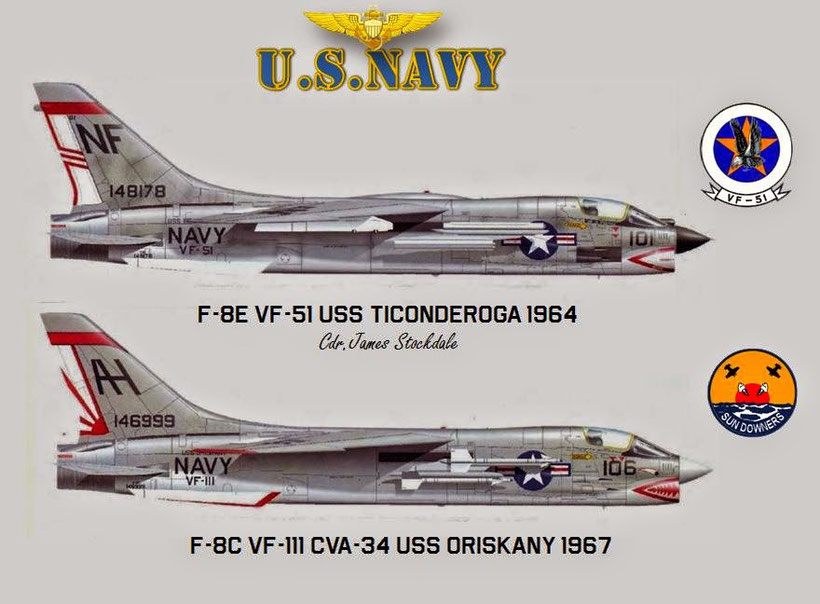 (sopra) F-8E del comandante Stockdale armato con missili Zuni per missioni multiruolo. (sotto) un esemplare di F-8C del VF-111 armato per missioni aria-aria con 4 sidewinder .