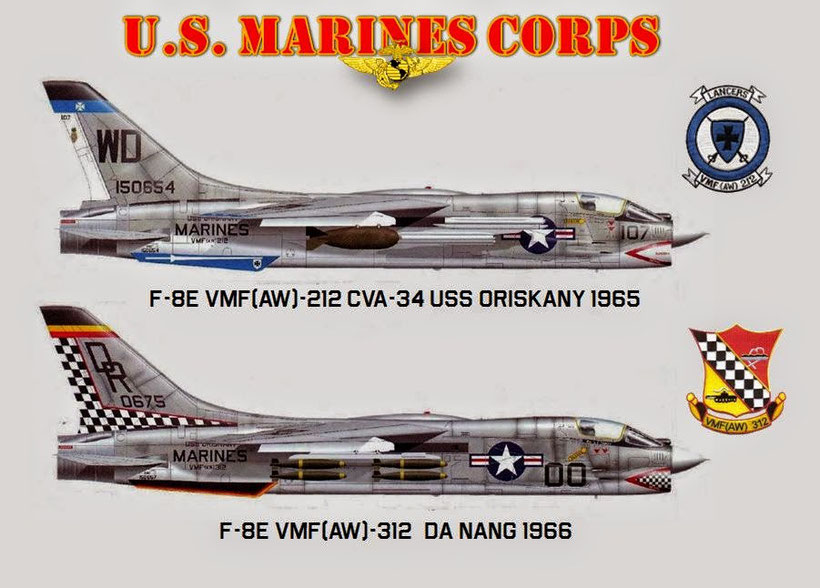 Due F-8E dei Marines sopra un esemplare con la bomba Mk84 e i pod per razzi Zuni,  sotto con bombe MK81 poteva trasportarne 12.