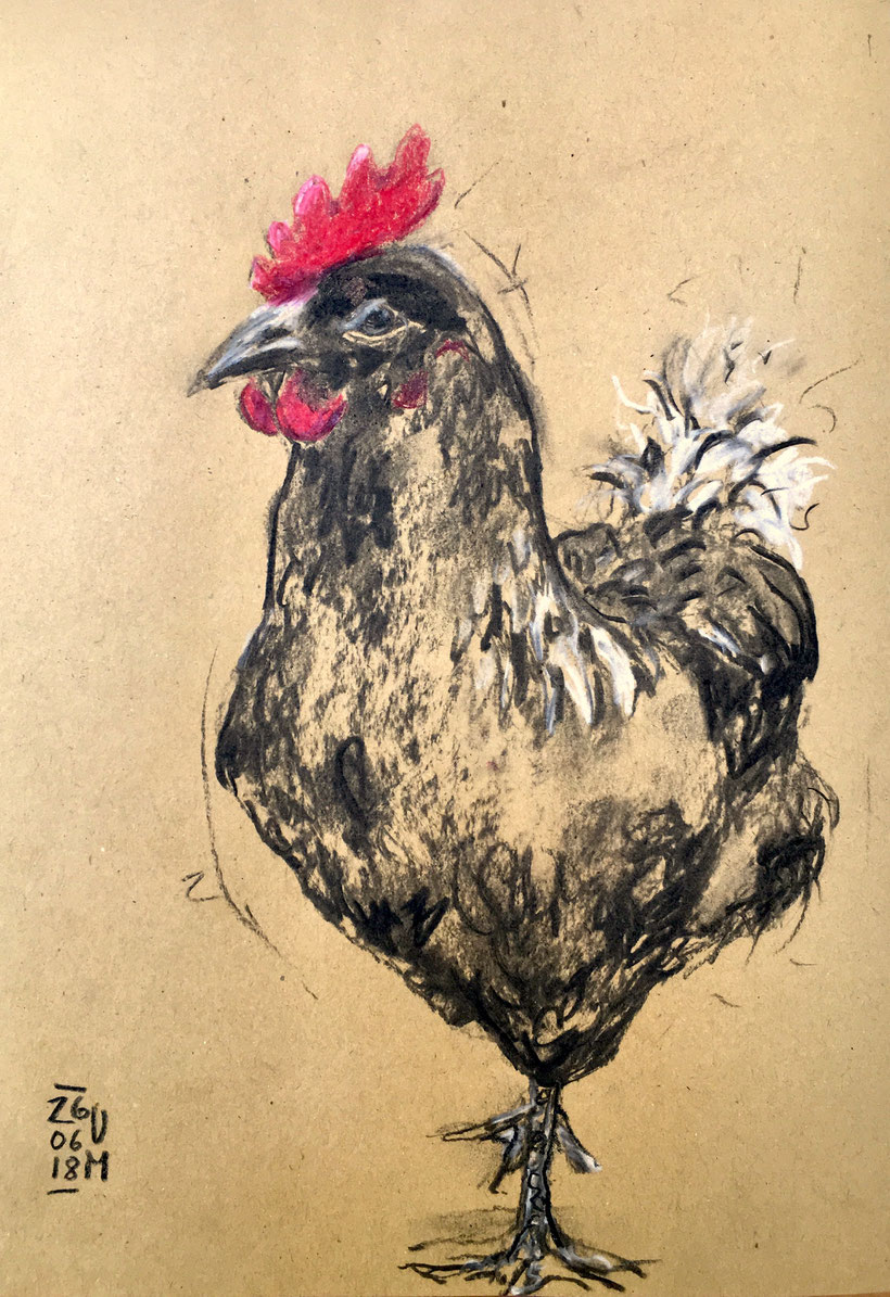 Der frühe Vogel, Kohle und Buntstift auf Packpapier, DIN A 4, 2018, Ulrike Martens.