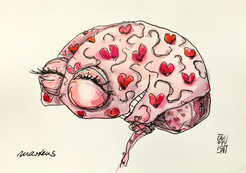 Zeichnung von einem Gehirn nach dem Kuss. Tusche, Buntstift und Aquarell auf Aquarellpapier, 6.7.2018, Ulrike Martens.
