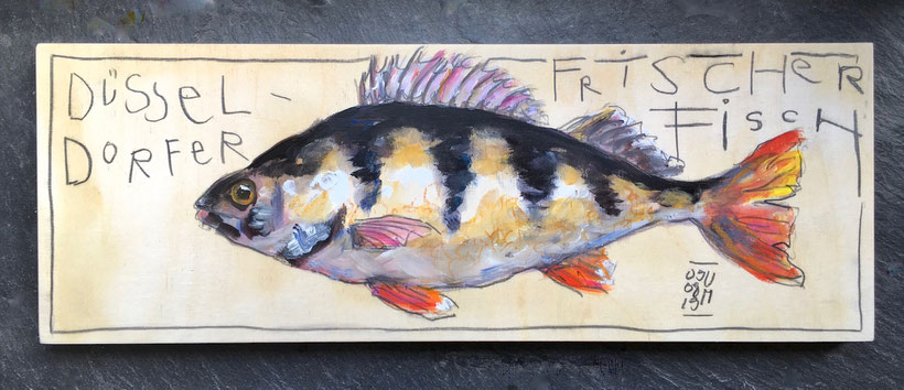Flussbarsch. Acryl, Ölkreide und Graphit auf Holz, 25 x 75 cm, 2019.