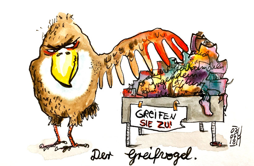 Der Greifvogel. Tusche, Buntstifte und Aquarellfarbe auf Aquarellpapier, DIN A 6,03.07.2018, Ulrike Martens.