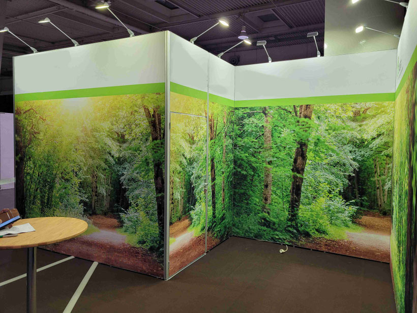 Systemstand u.a. mit Octawallrahmen, 3m hoch, brauner Teppich, Eichenholzmöbelöbel