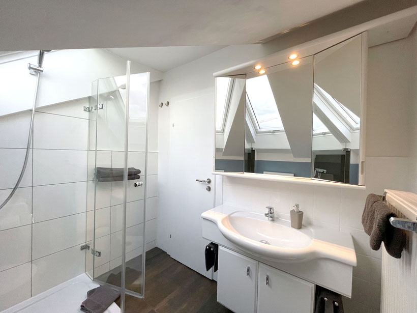 Bad mit Spiegelschrank, Waschtisch mit weißem Unterschrank, Glasdusche, Handtüchern, weiß geflieste Wände, Boden gefliest in dunkler Mooreiche