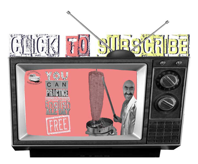 Graphic of vintage TV with link to English language video tutorial channel with words 'Click to Subscribe'