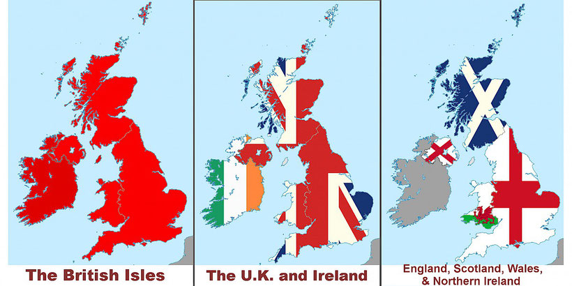 Illustration with three maps of the United Kingdom including England, Ireland, Scotland and Wales