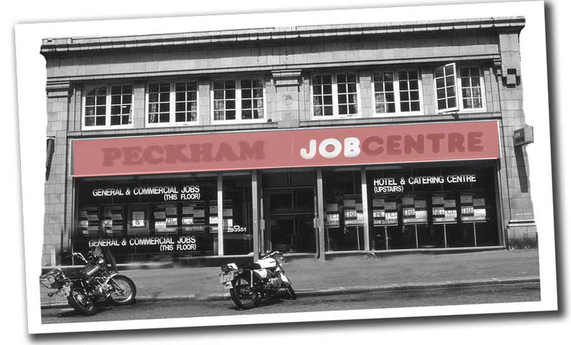 Peckham job centre. Dole office and welfare vocabulary lesson for students of English and British culture. Graphic by Language Unlimited