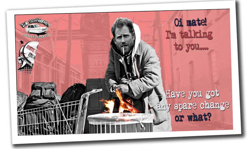 Tramp beggar on the street asking for spare change. Lesson for students of English and British culture. Graphic by Language Unlimited