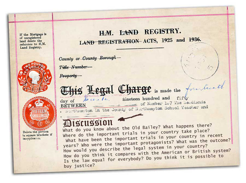graphic of a vintage H.M. Land Registry document with an English language EFL discussion printed on it