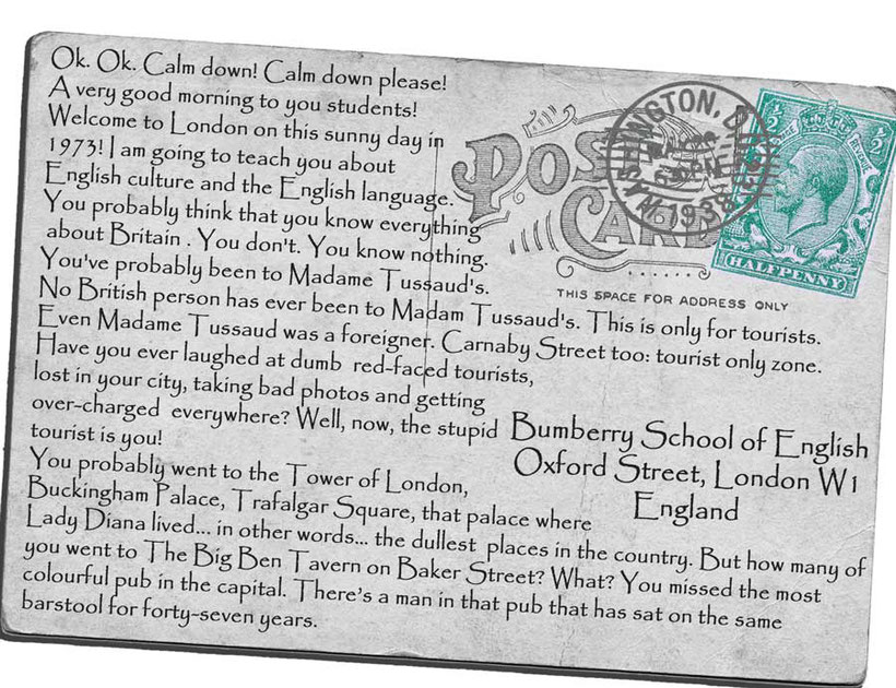 Beautiful graphic of a decorated vintage black and white postcard with English language vocabulary exercise written on it