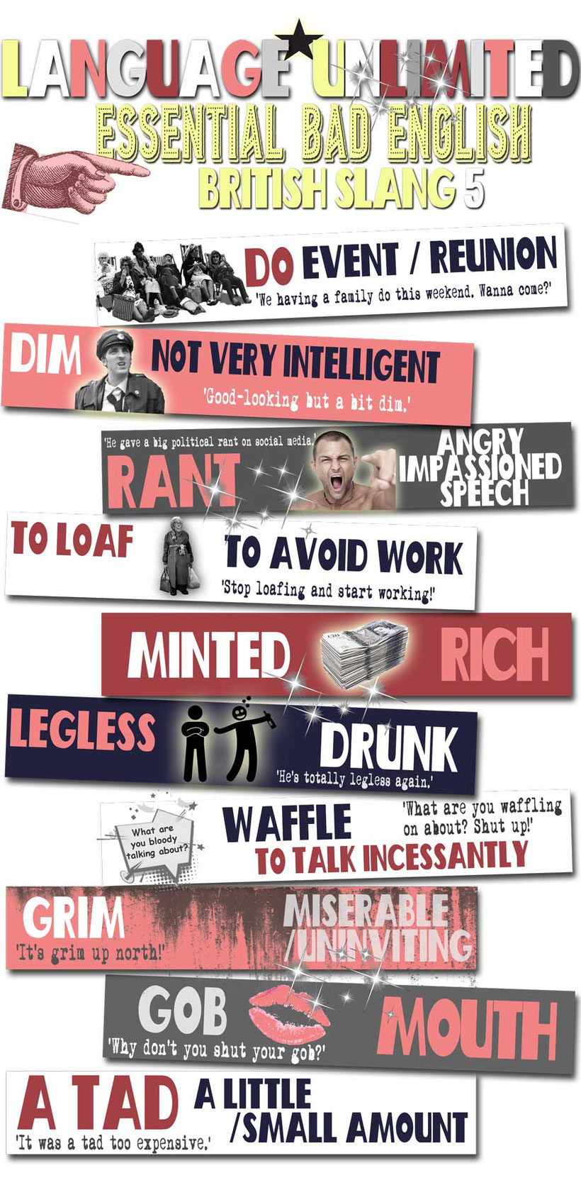 Essential English phrases. British slang expressions and words. Infographic by Language Unlimited