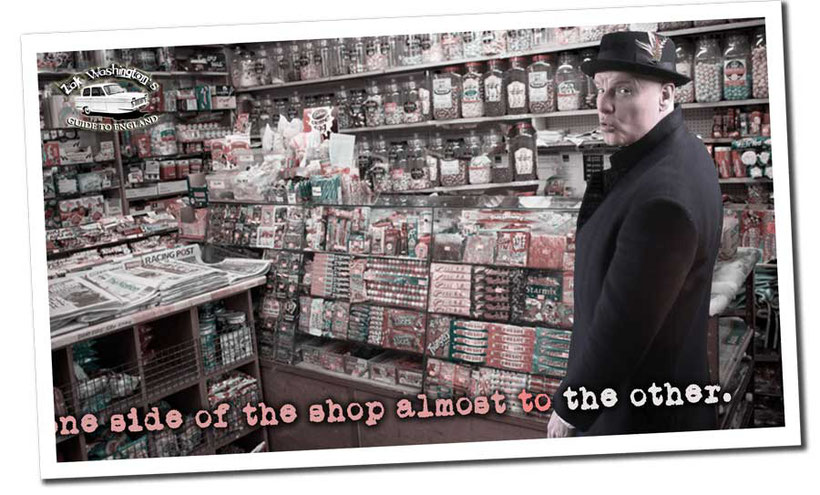 Photos of British culture: typical English man in pork pie hat and crombie coat in a sweet shop