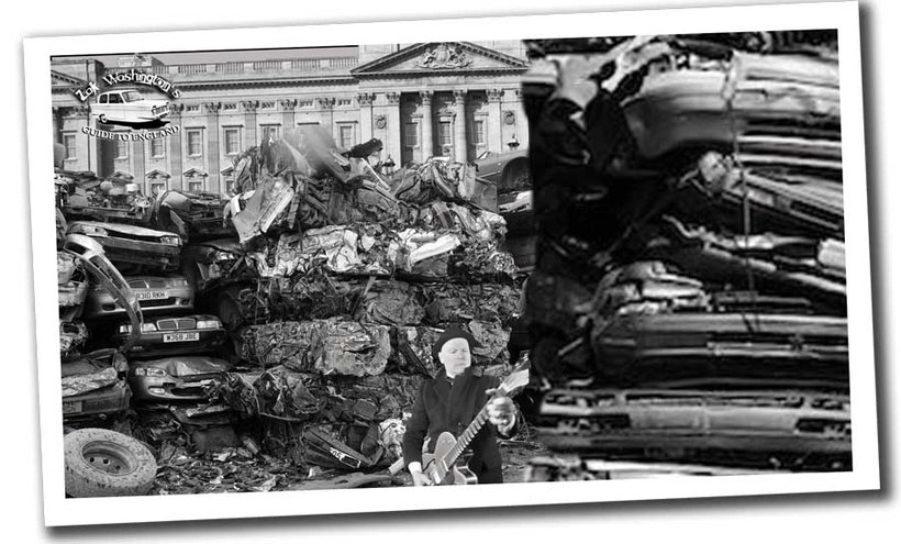 Photo of British culture: London junkyard / scrapyard with crushed cars piled up in front of Buckingham Palace