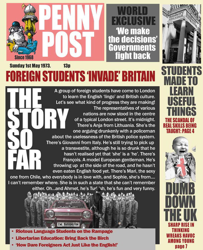 Tabloid newspaper cover with picture of riot police and title 'Foreigners Invade Britain'