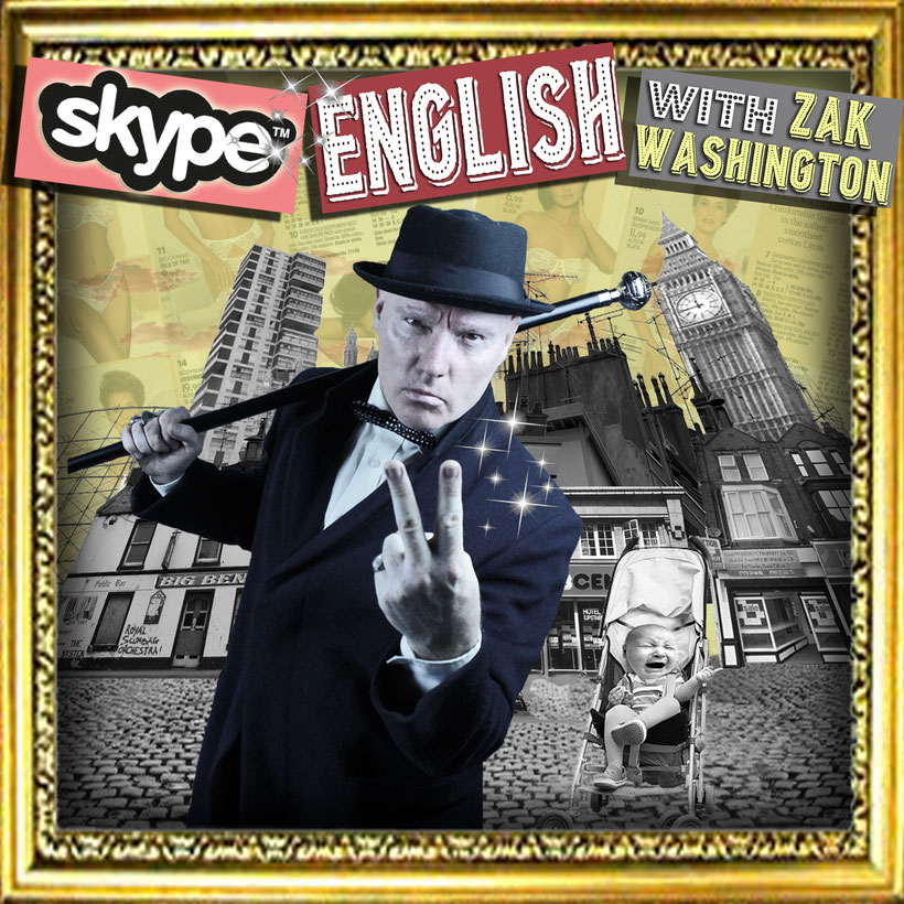 Skype English classes graphic with English teacher and London skyline