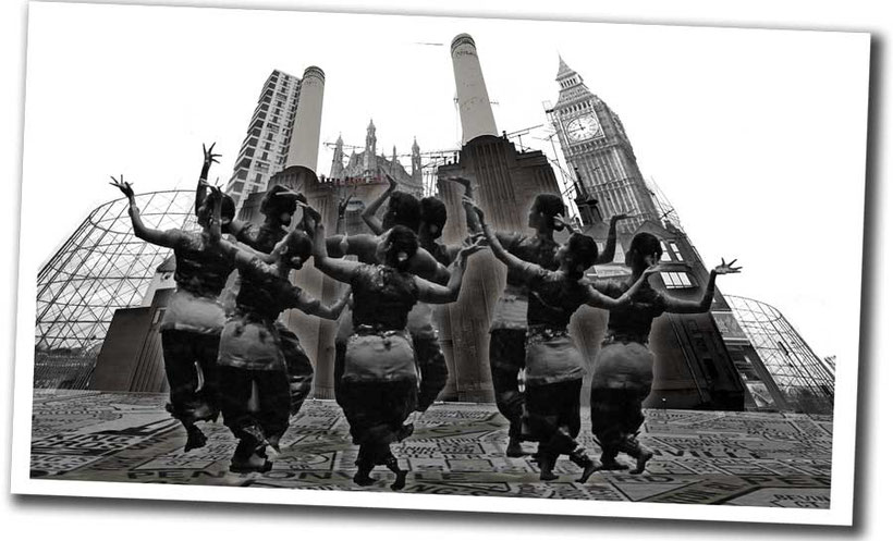 Bollywood dancers in London street scene with Battersea Power station and Big Ben