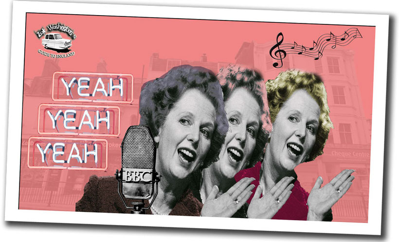 English language course introduction graphic - Margaret Thatcher caricature by Language Unlimited