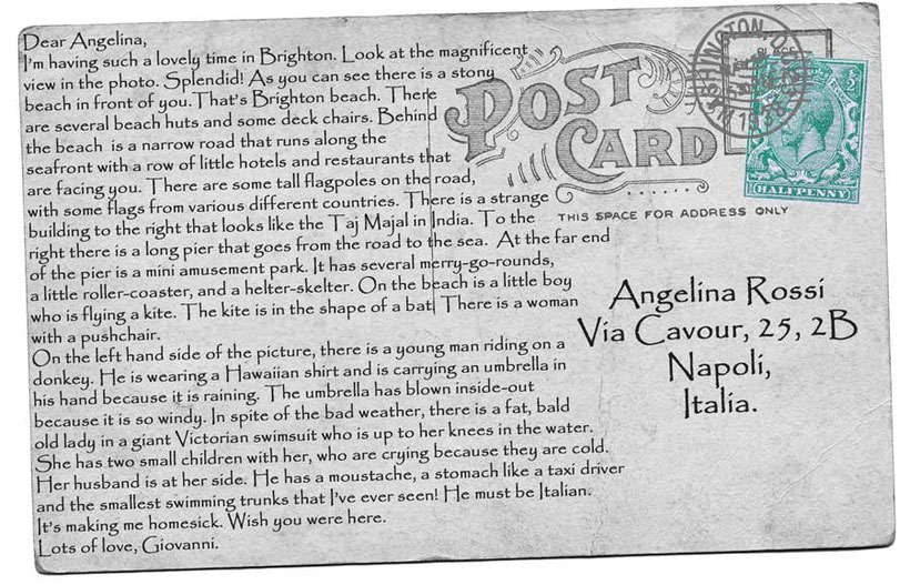 English language listening exercise written on graphic of vintage postcard. Part 2