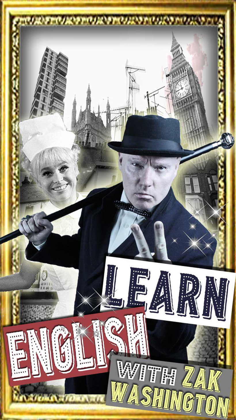 Learn English with Zak Washington - graphic of London skyline with Barbara Windsor by Language Unlimited