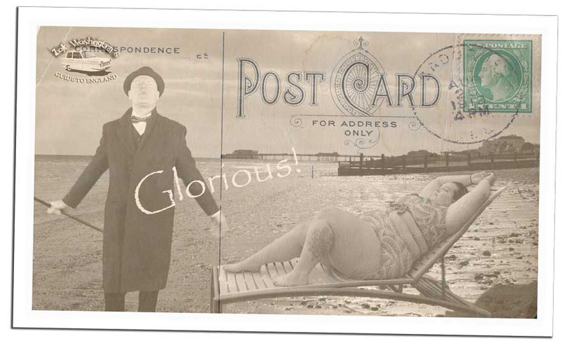 Photos of British culture: typical English vintage, old postcard from the beach.