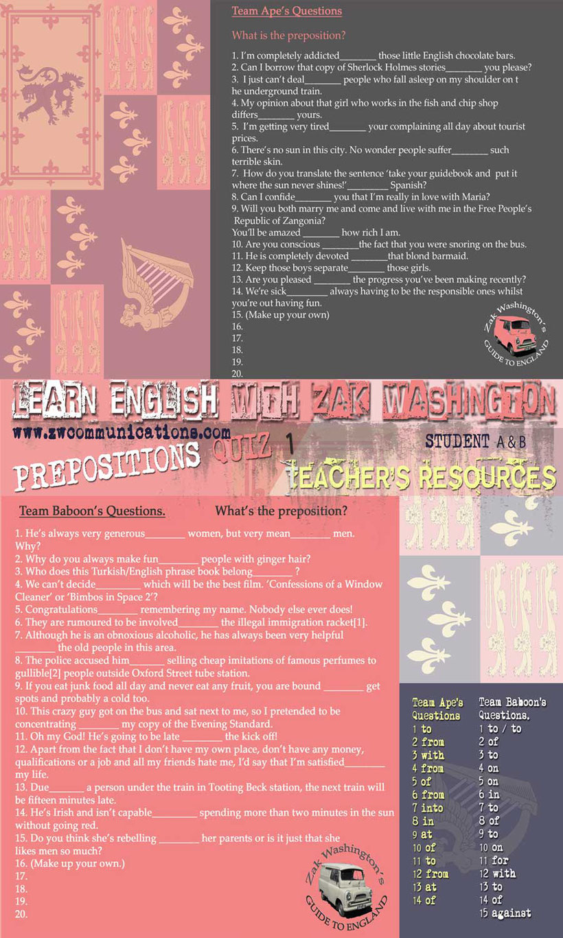 elt efl esl teachers resource graphic: question sheets for students A and B - dependent prepositions quiz