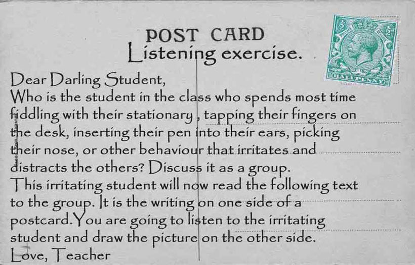  English language listening exercise written on graphic of vintage postcard  Part 1
