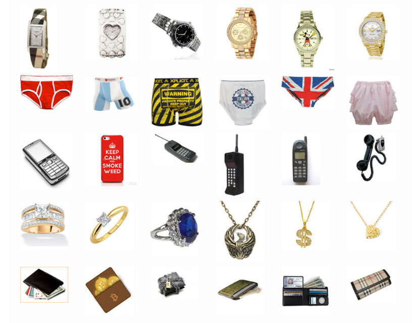 graphic showing objects from the game:  five watches, five pairs of underwear, five cell phones, five pieces of jewellry and five wallets.