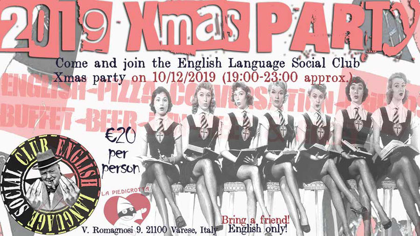 Flyer for Libertarian Linguistics' English Language Social Night xmas party in Varese 2020