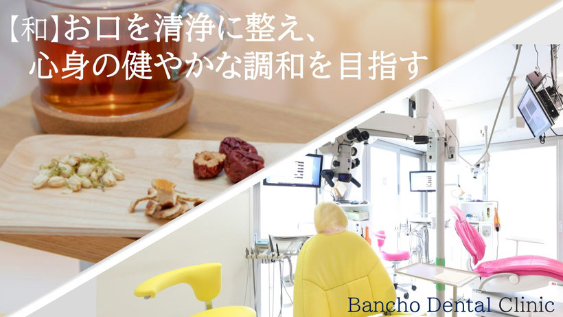 左上には漢方生薬、右下には明るい雰囲気の歯科医院の写真で、治療の調和やメインテナンス後の維持管理をイメージしています。
