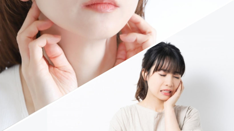 顎の歪を気にする女性（左上）、顎の痛みで苦しむ女性（右下）