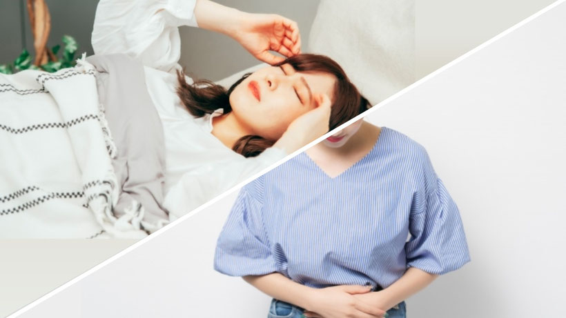 頭痛で寝込む女性（左上）、生理痛で痛がる女性（右下）