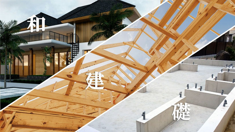 歯の治療を建物のように見立て、右下の基礎工事を「根」真ん中の骨組みを「建」左上の家を「和」として歯の治療を完成さえるイメージ差写真です