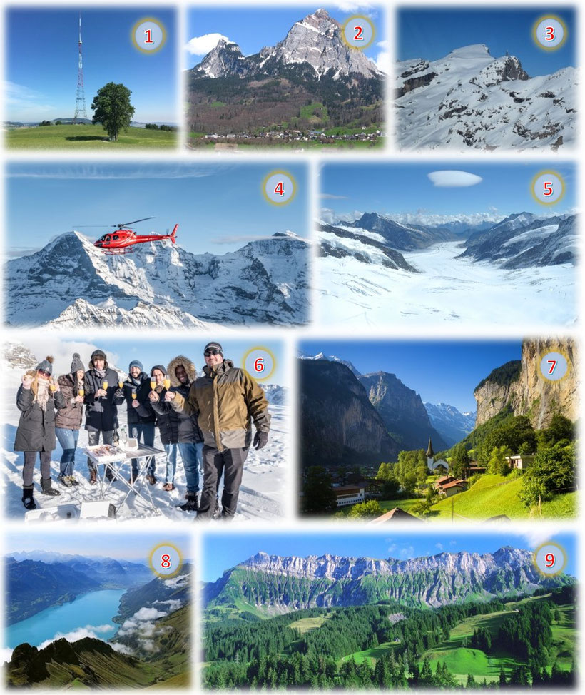 Helikopter-Alpenrundflug 90 Minuten ab Beromünster, Innerschweiz, Eiger-Mönch-Jungfrau mit Gletscherlandung und -Apéro auf dem Petersgrat