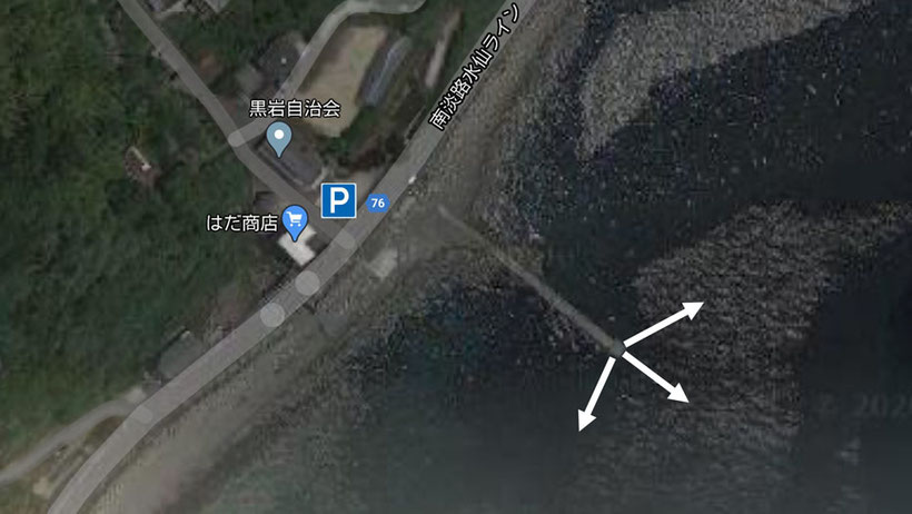 航空写真 時合突入で青物３連発 淡路島灘黒岩の釣り・ショアジギング