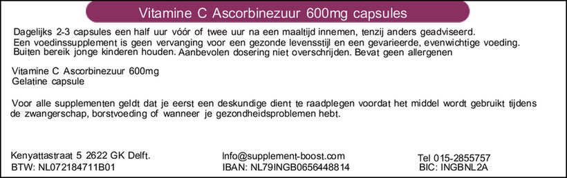 Etiket Vitamine C Ascorbinezuur 600mg capsules