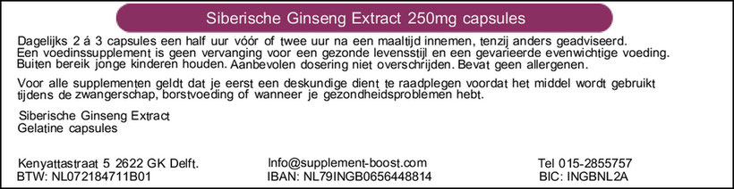 Etiiket Siberische Ginseng Extract 250mg capsules