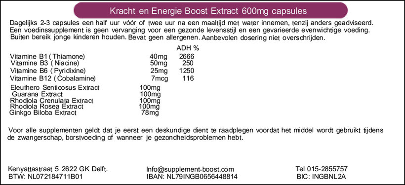 Etiket Kracht en Energie Boost Extract 600mg capsules