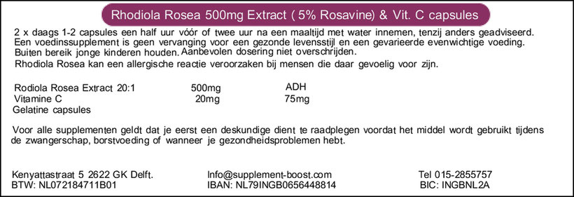 Etiket Rhodiola Rosea 500mg Extract (5% Rosavine) & Vitamine C capsules
