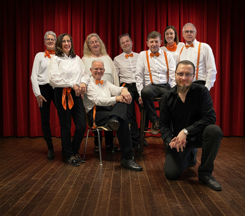 Hinten v.l.n.r.: Beate Lindner (Sopran), Annegret Walldorf, Uschi Kneuper (Alt), Michael Hammerstein, Gerd Walldorf (Bass), Kerstin Koch (Sopran) Burkhard Simon (Tenor). Davor sitzend: Dieter Grein (Tenor) Im Vordergrund: Wassily Kotykov (Piano)