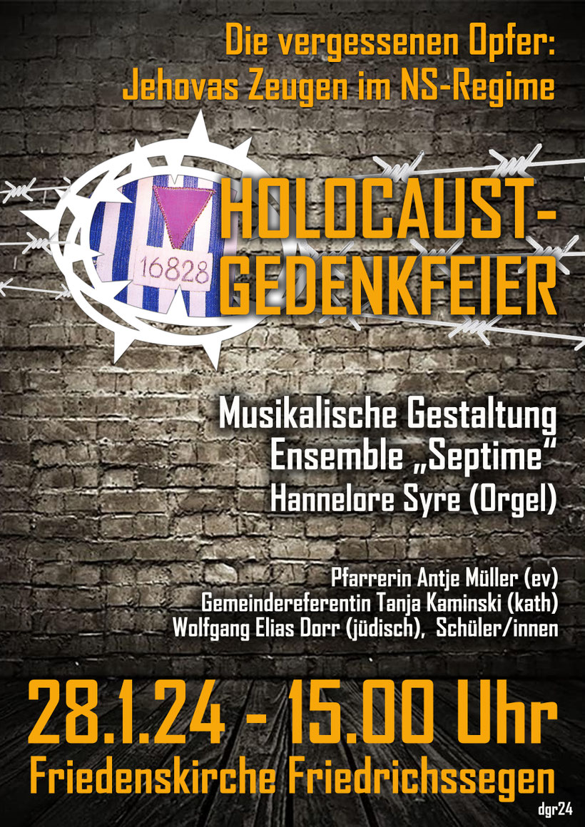 Wir freuen uns, dass wir dieser wichtigen Gedenkfeier mit thematisch passenden Liedern einen würdigen musikalischen Rahmen geben können. Plakat: Dieter Grein