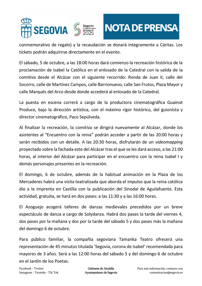 Programa de la Proclamacion de la Reina Isabel la Catolica en Segovia