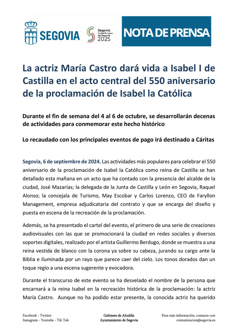 Programa de la Proclamacion de la Reina Isabel la Catolica en Segovia