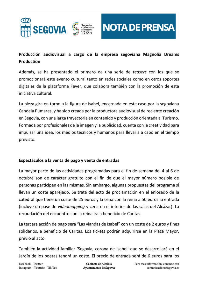 Programa de la Proclamacion de la Reina Isabel la Catolica en Segovia