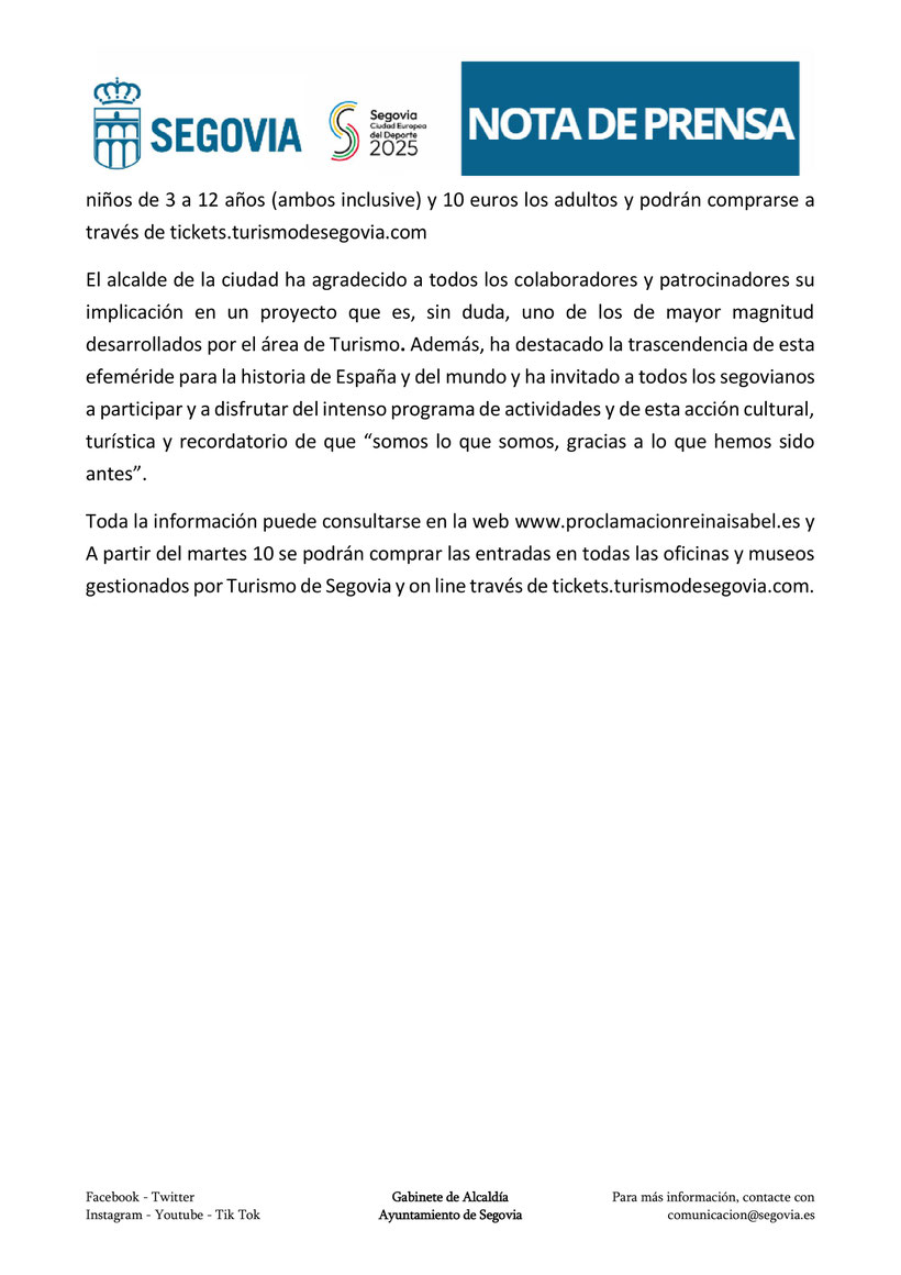 Programa de la Proclamacion de la Reina Isabel la Catolica en Segovia