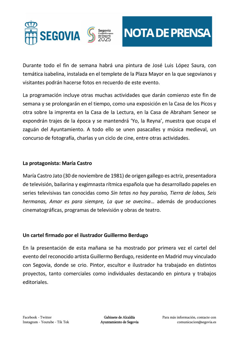 Programa de la Proclamacion de la Reina Isabel la Catolica en Segovia