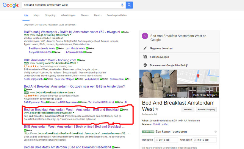 Search results 'Bed and Breakfast Amsterdam West' on Google, red outlined.