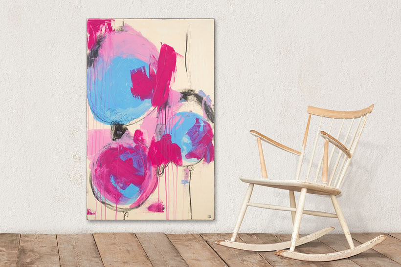Gedankenfrei wie ein Kind - bild in beige pink und hellblau - 110 x 70 cm