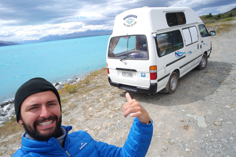 Max at Lake Pukaki and our camper