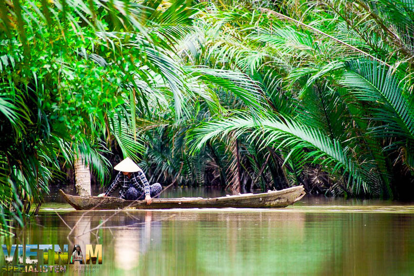 Durch extrem dichtbewachsenden Dschungel des Mekong-Deltas schippern